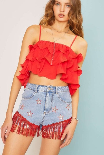 Sequin Fringe Star Denim Shorts - Main Strip - RARA Boutique