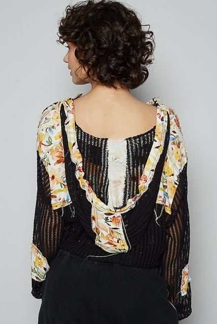RARA Boutique floral patch open-knit crochet hoodie jacket with colorful floral patches and lightweight open weave design.
