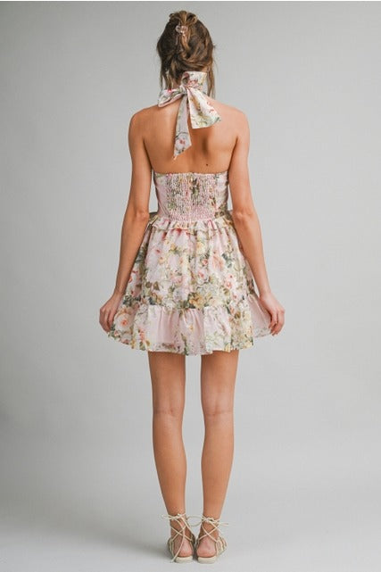 Floral Halter A-Line Mini Dress with Ruffle Hem - Le Cliche - RARA Boutique