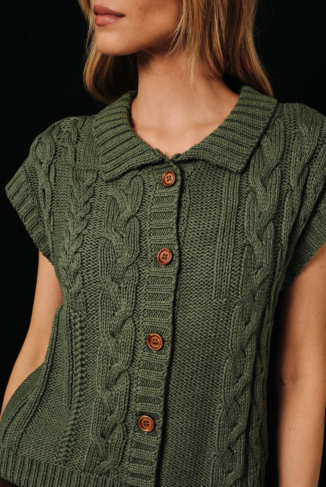 Sunday Edition by LE LIS cable knit button-up sweater vest, featuring a cozy textured knit and classic button details.