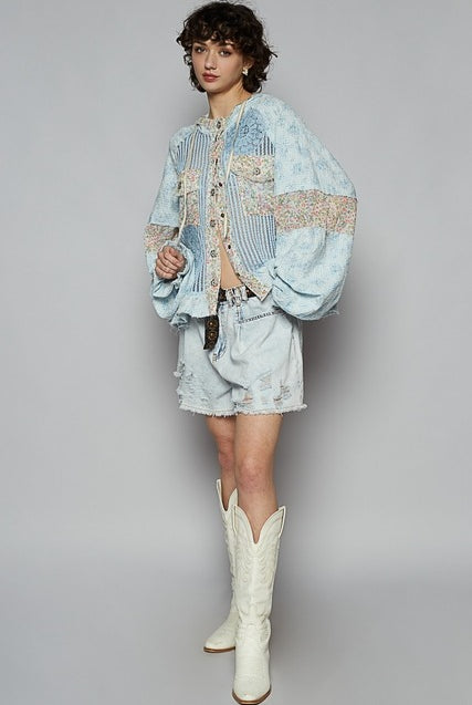 RARA Boutique floral crochet and gauze jacket with balloon sleeves, contrasting design and lightweight fabric.