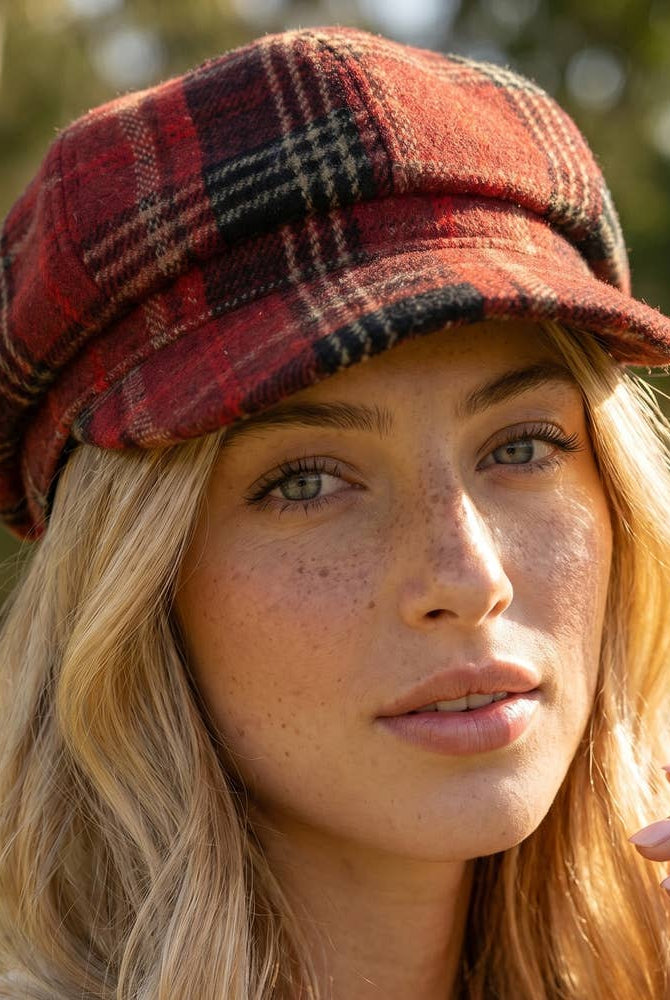 Tartan plaid eight-panel newsboy cap by Collections by Fame Accessories, featuring classic pattern and stylish vintage design.