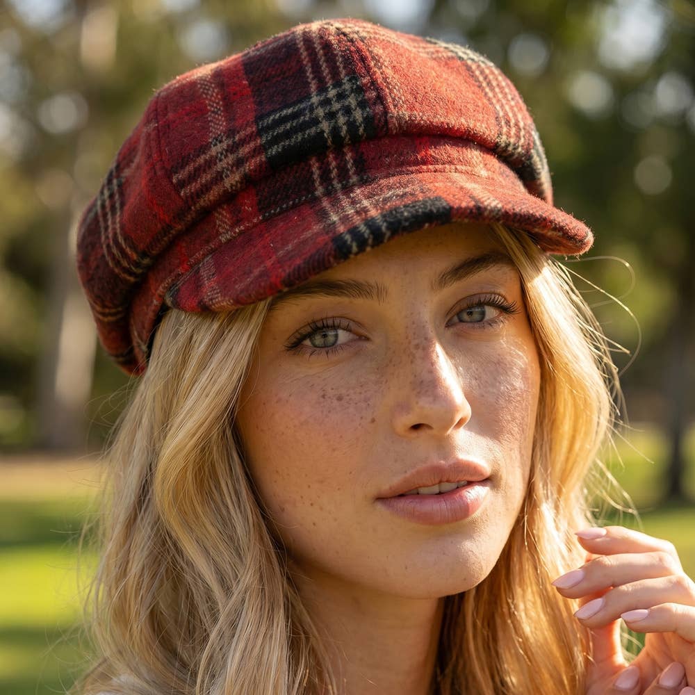 Tartan plaid eight-panel newsboy cap by Collections by Fame Accessories, featuring classic pattern and stylish vintage design.