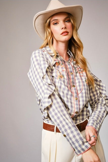Long-Sleeve Gingham Western Embroidered Button Down Blouse - Blue B - RARA Boutique