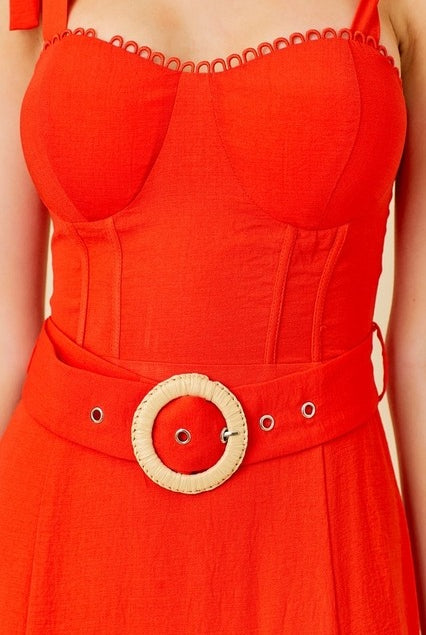 Tie Shoulder Belted Ruffle Maxi Dress - Main Strip - RARA Boutique