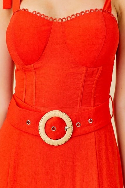 Tie Shoulder Belted Ruffle Maxi Dress - Main Strip - RARA Boutique