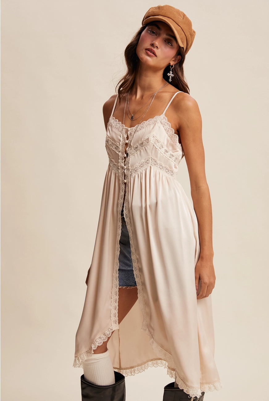 RARA Boutique satin lace trim maxi cami top with delicate lace details and smooth satin fabric, shown in a stylish fit.