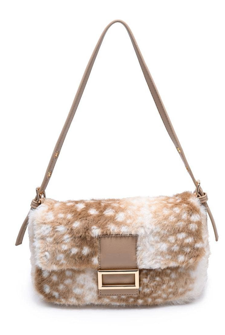 Urban Expressions Tuesday Beverly deer print fur crossbody bag with adjustable strap and stylish design.