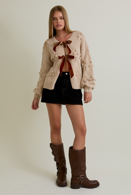 Velvet Bow Front Pom Pom Knit Chunky Cardigan - Le Lis - RARA Boutique