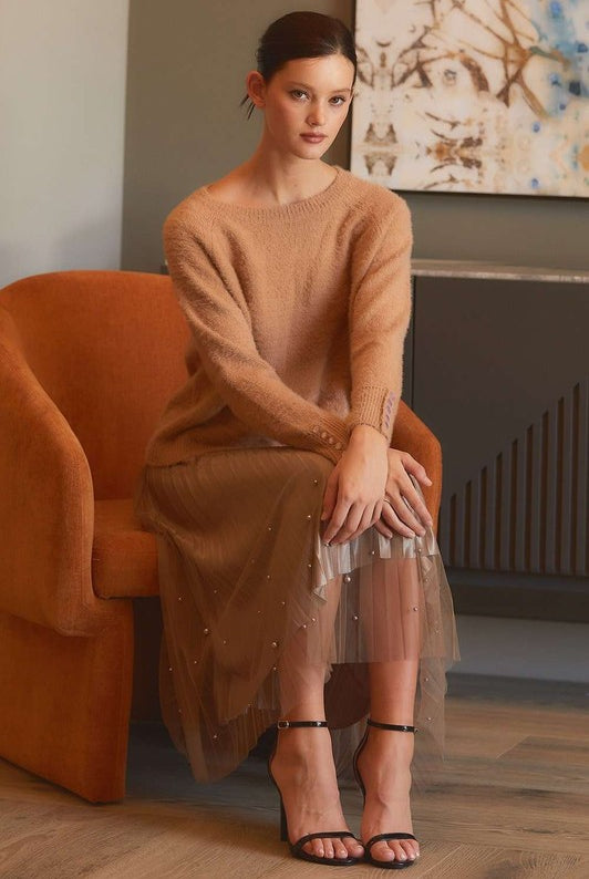 Pearl Embellished Pleated Mesh Midi Skirt - RARA Boutique