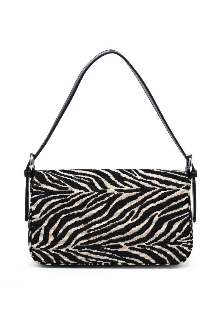Urban Expressions Tuesday Gloria zebra shoulder bag with adjustable strap and stylish black and white animal print.