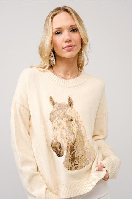 Blue embroidered horse crew neck sweater by RARA Boutique, featuring detailed horse embroidery on soft knit fabric.