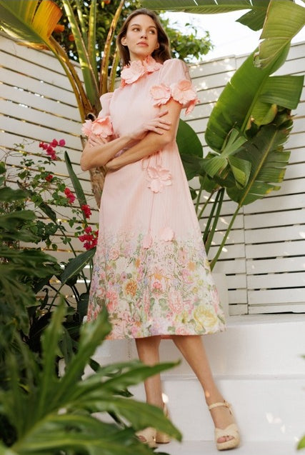 3D Floral Trim High Neck Short Sleeve Midi Dress - EB Luxe - RARA Boutique