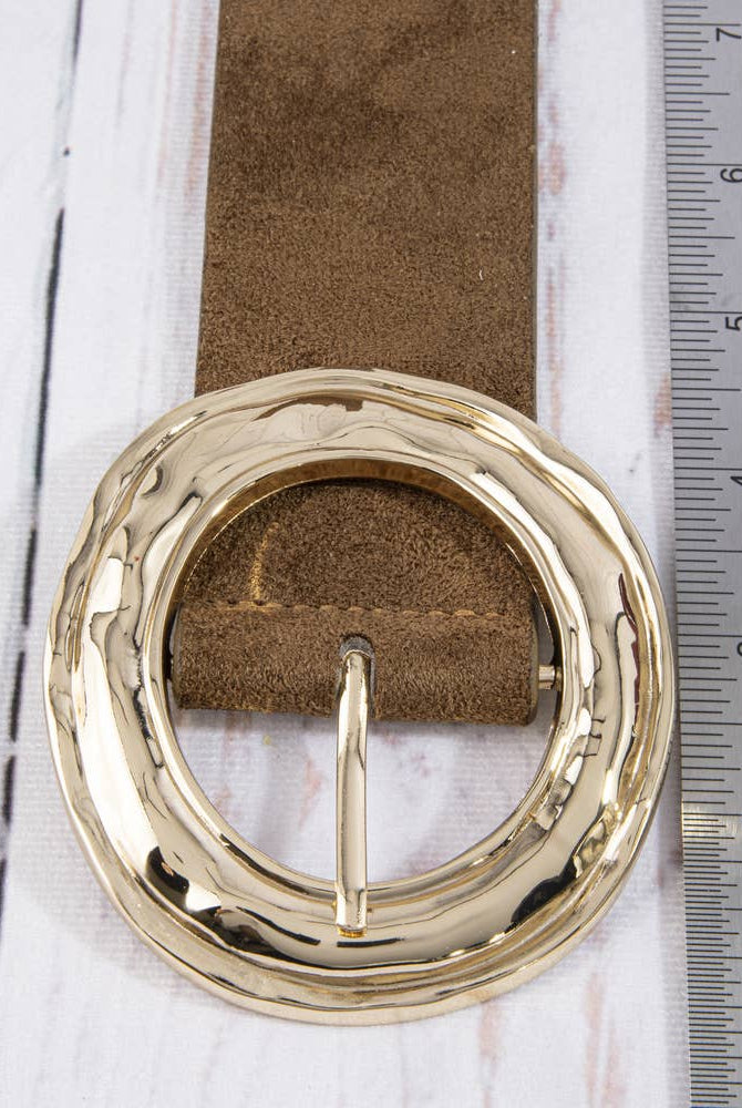 Suede hammered round buckle belt from Collections by Fame Accessories, featuring a textured leather strap and a round metal buckle.