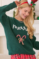 Merry Christmas Sweater With 3D Candy Cane Embroidery - Main Strip - RARA Boutique