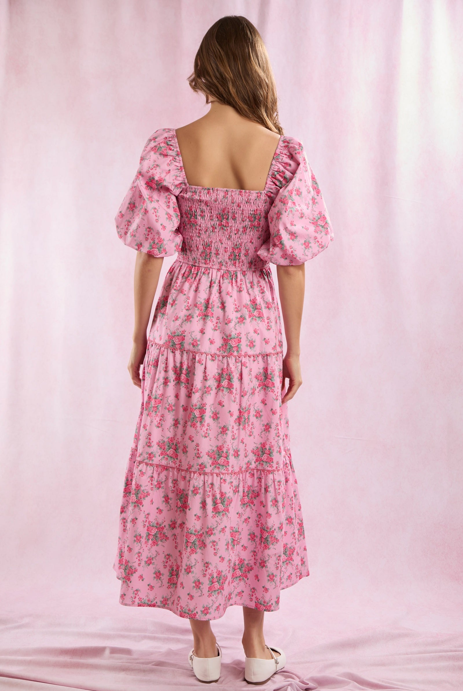 (Pre-Order) Floral Bow Front Puff Sleeve Tiered Maxi Dress - Peach Love - RARA Boutique