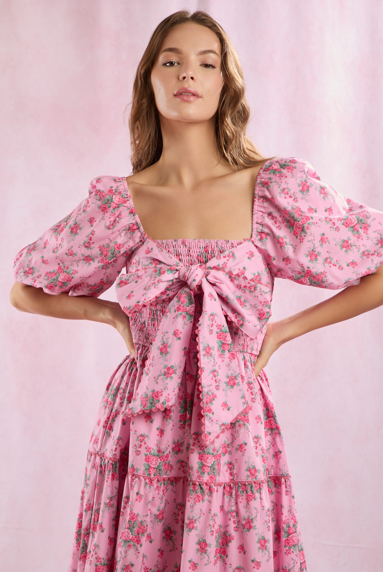 (Pre-Order) Floral Bow Front Puff Sleeve Tiered Maxi Dress - Peach Love - RARA Boutique