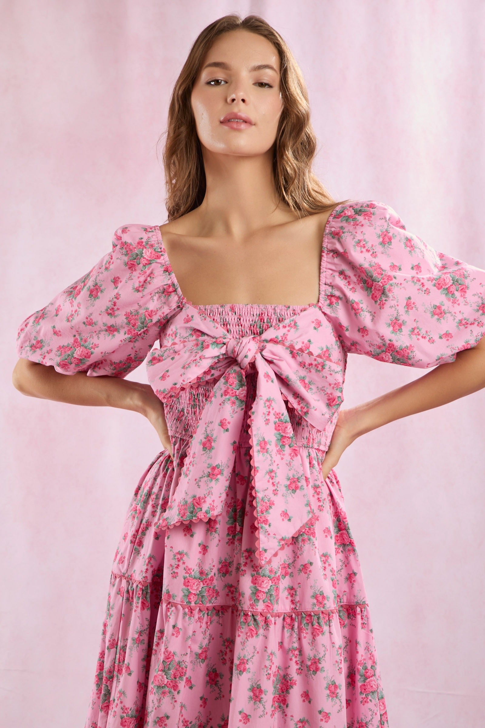 (Pre-Order) Floral Bow Front Puff Sleeve Tiered Maxi Dress - Peach Love - RARA Boutique