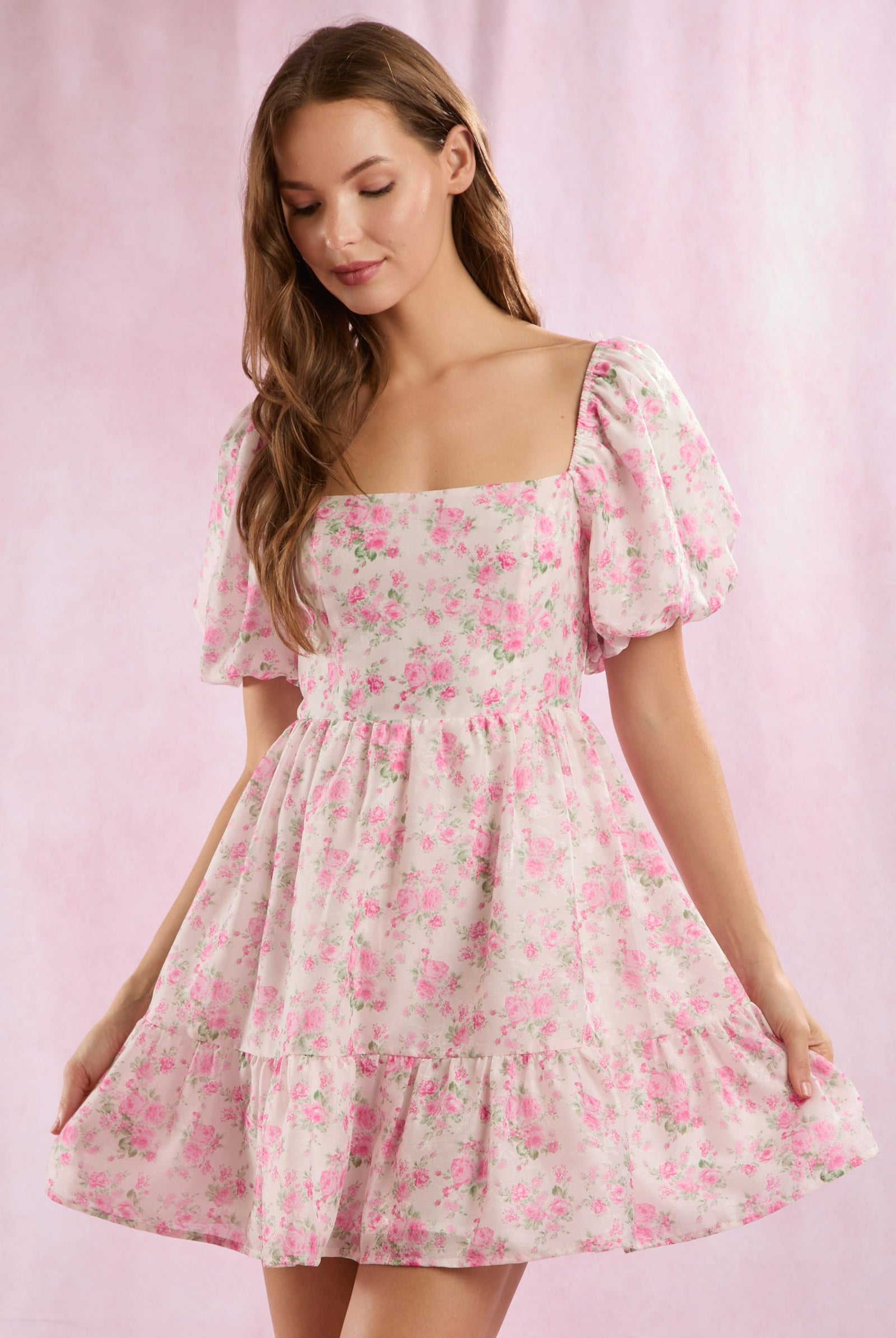 Square Neck Puff Sleeve Floral Mini Babydoll Dress - Peach Love - RARA Boutique