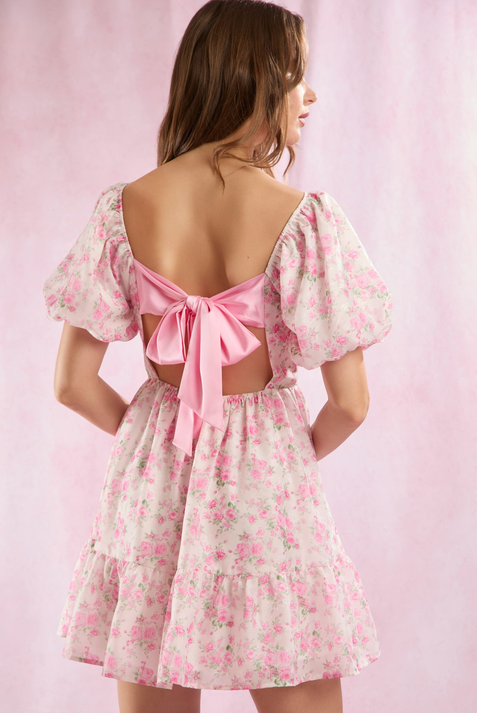 Square Neck Puff Sleeve Floral Mini Babydoll Dress - Peach Love - RARA Boutique