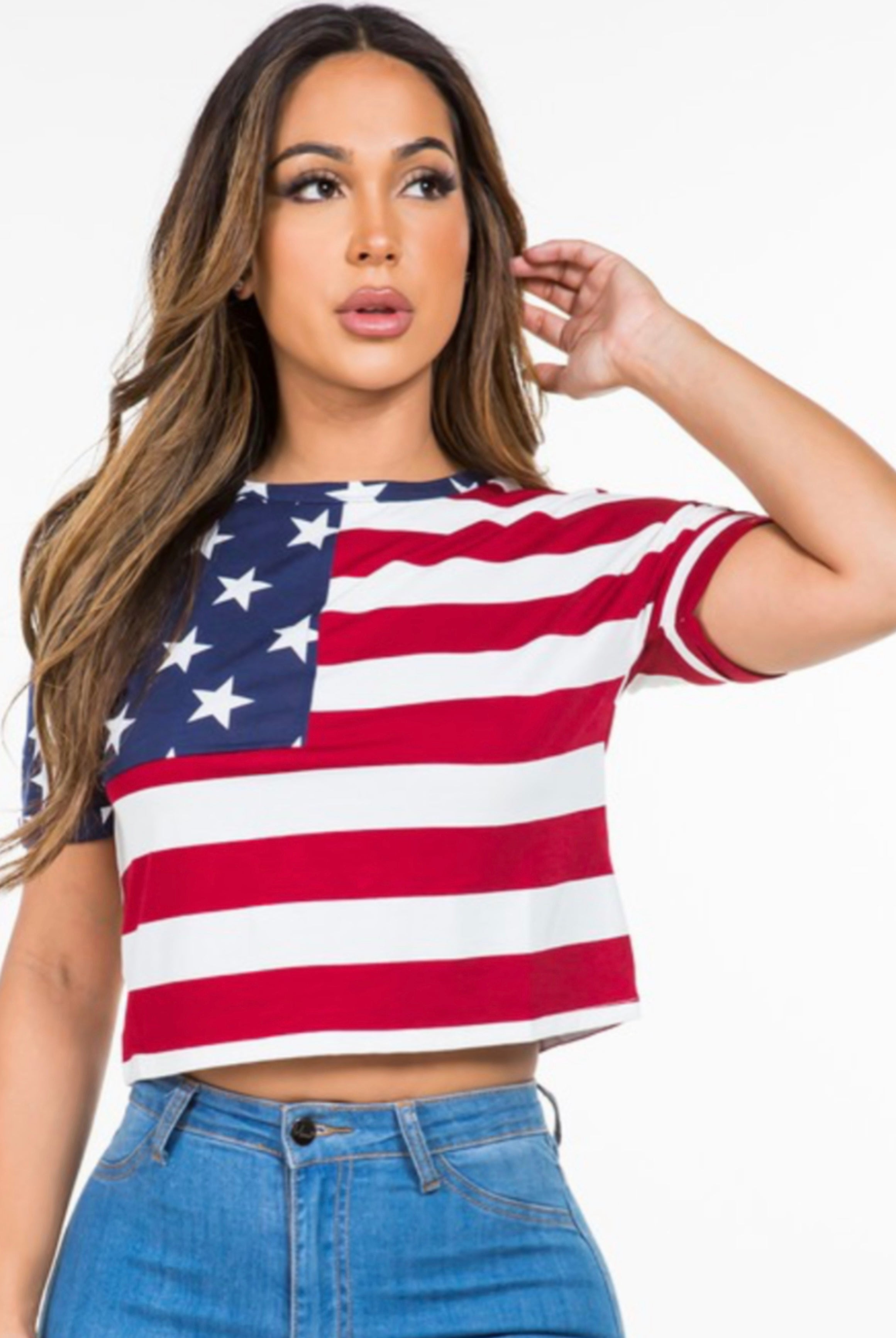 USA Print Short Sleeve Patriotic Crop Top - Rara Boutique