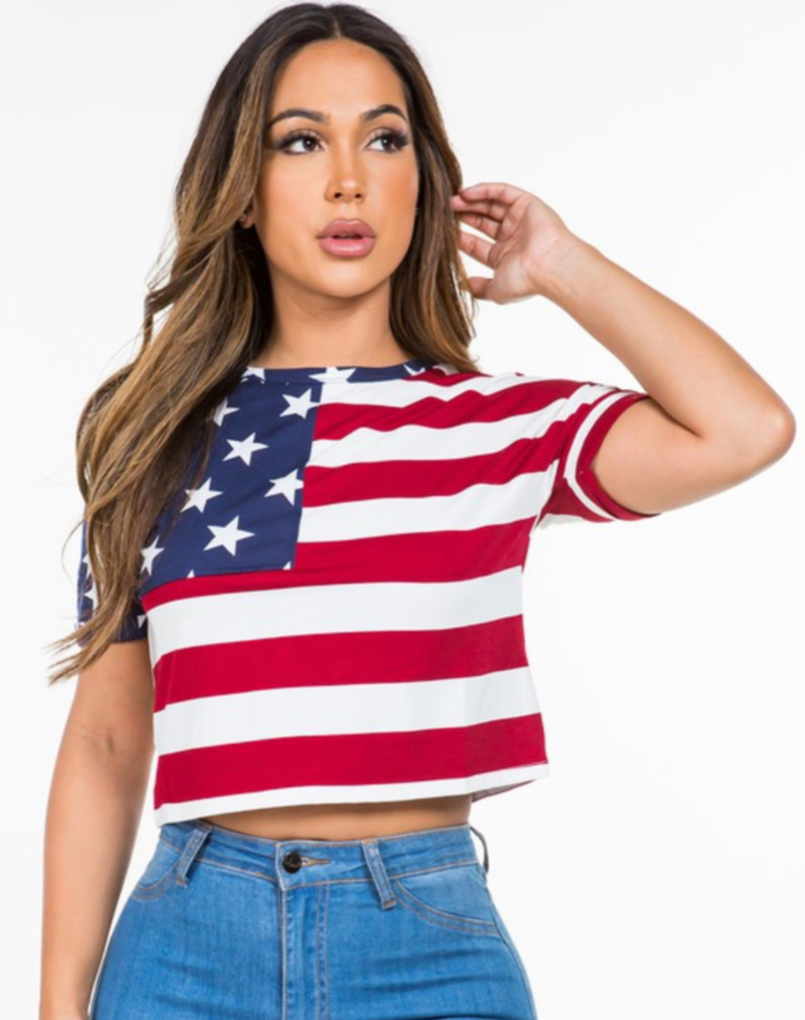 USA Print Short Sleeve Patriotic Crop Top - Rara Boutique