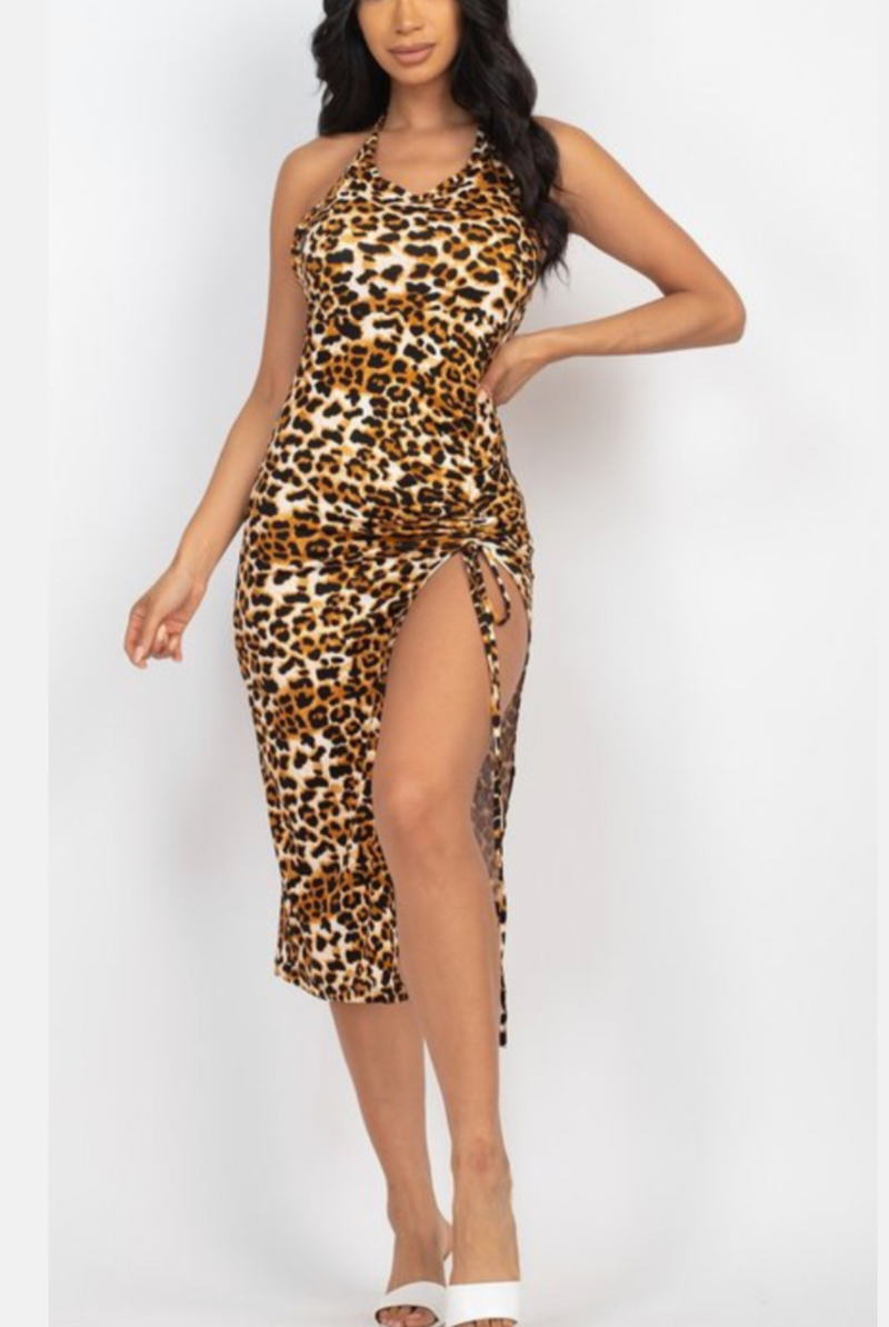 Leopard Print Midi Halter Neck Dress with Slit Ruched Leg and Open Back - Rara Boutique