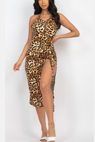 Leopard Print Midi Halter Neck Dress with Slit Ruched Leg and Open Back - Rara Boutique
