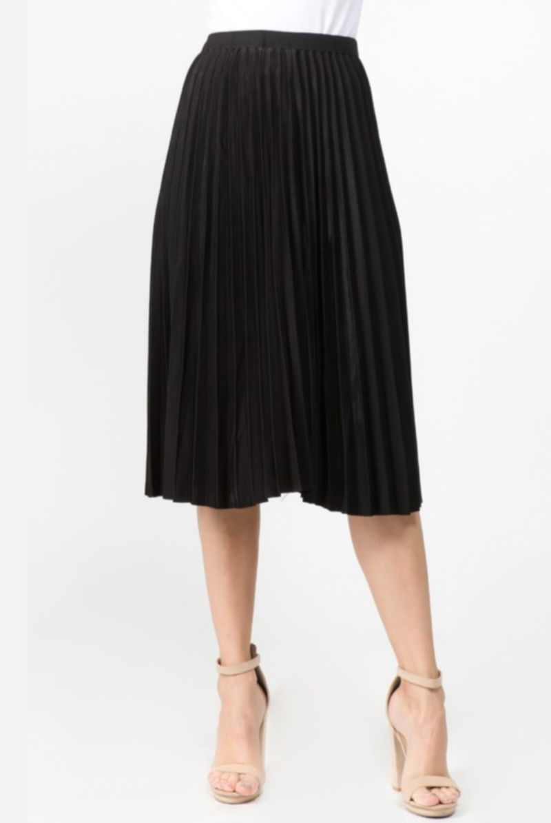 Black pleated midi skirt from RARA Boutique featuring lined fabric and elegant pleats.