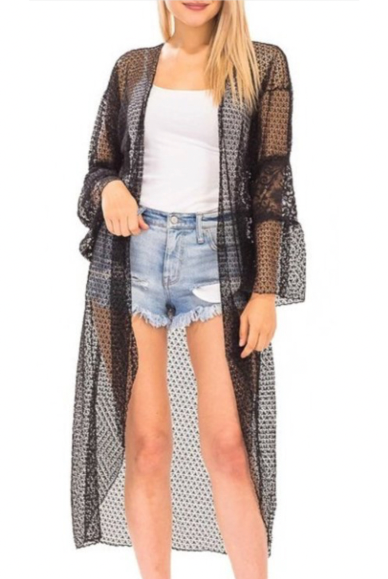 Black Long Sleeve Lace Crochet Sheer Kimono / Coverup / Cardigan - Rara Boutique