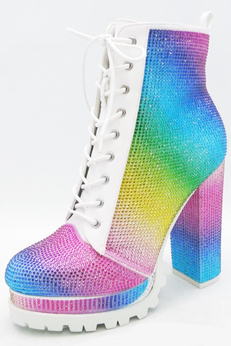 White Rainbow Rhinestone Chunky Heel Combat Boots - RARA Boutique