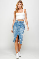 Long Denim Skirt with Distressed - Rara Boutique