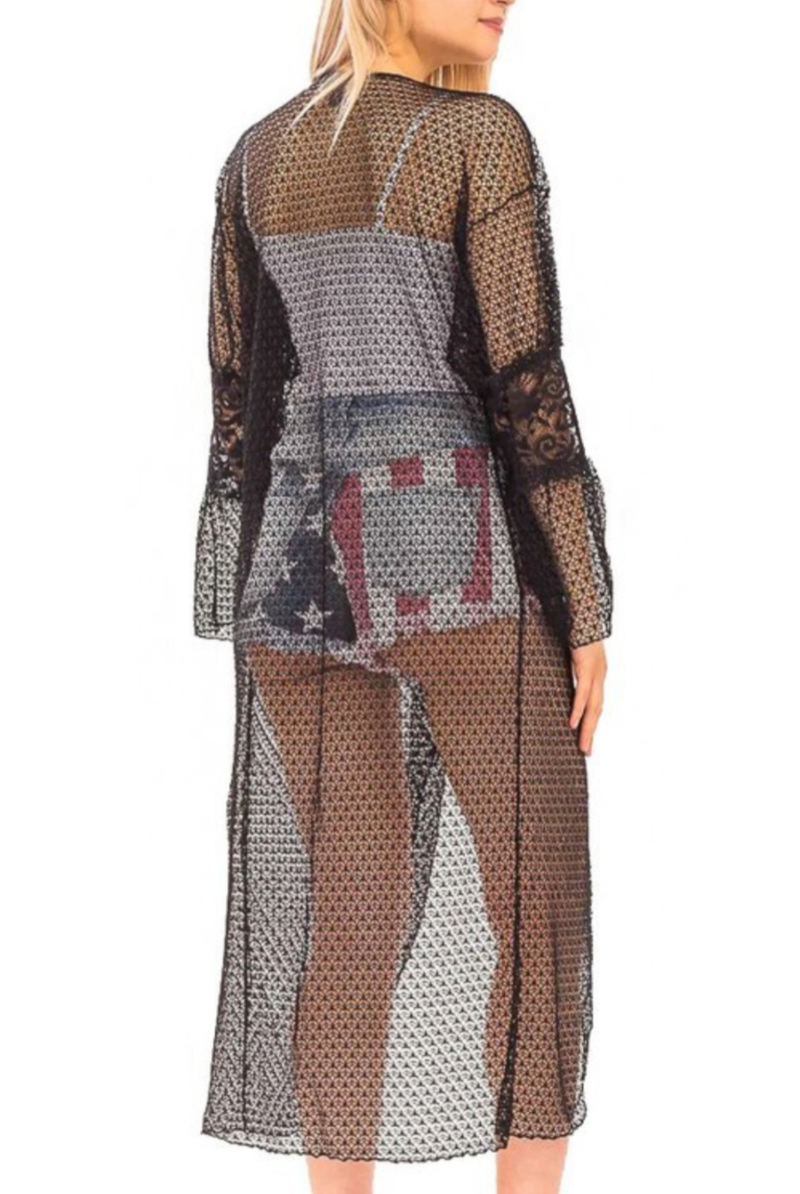 Black Long Sleeve Lace Crochet Sheer Kimono / Coverup / Cardigan - Rara Boutique