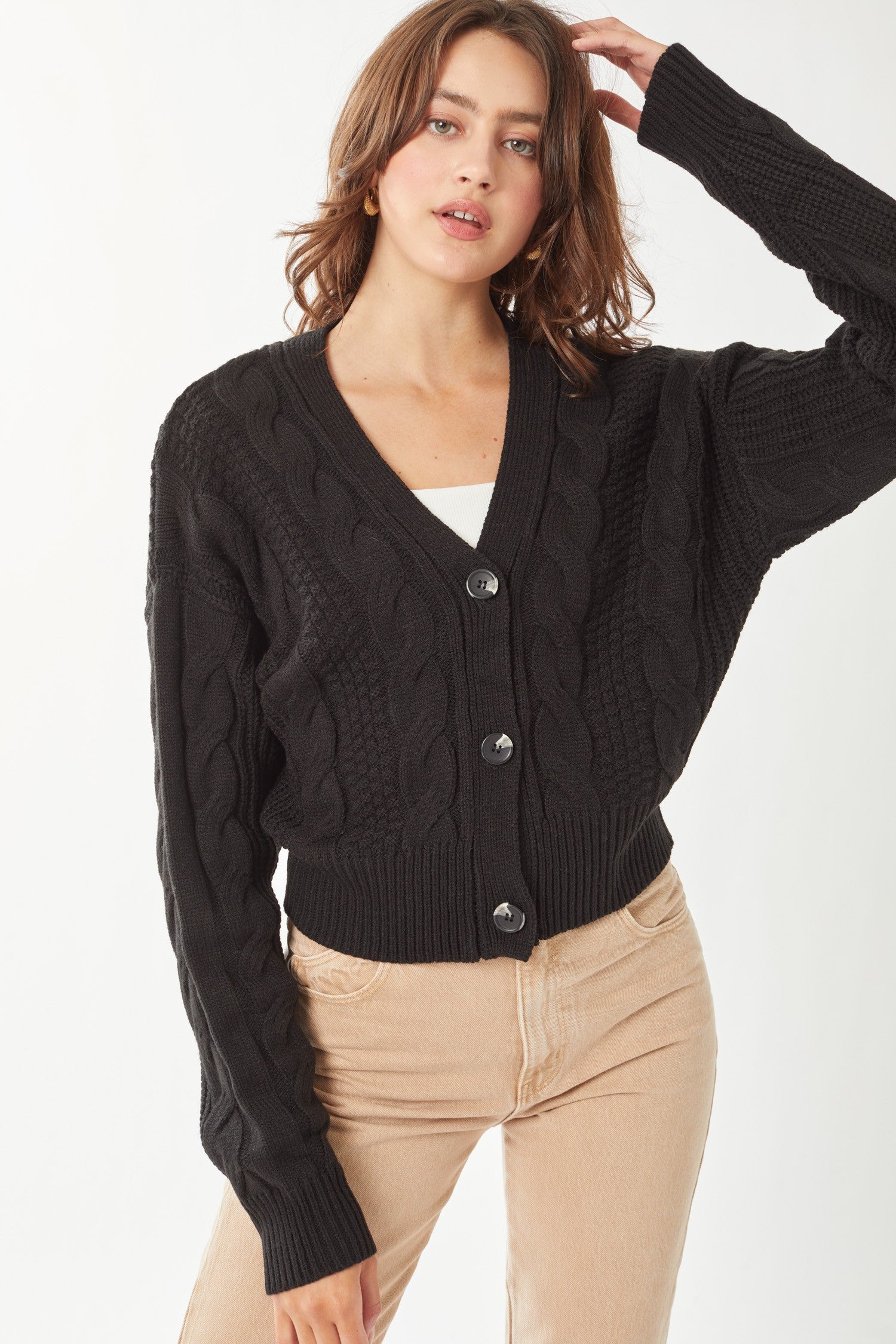 Solid Snug Waist Casual Cable Knit Cardigan - RARA Boutique