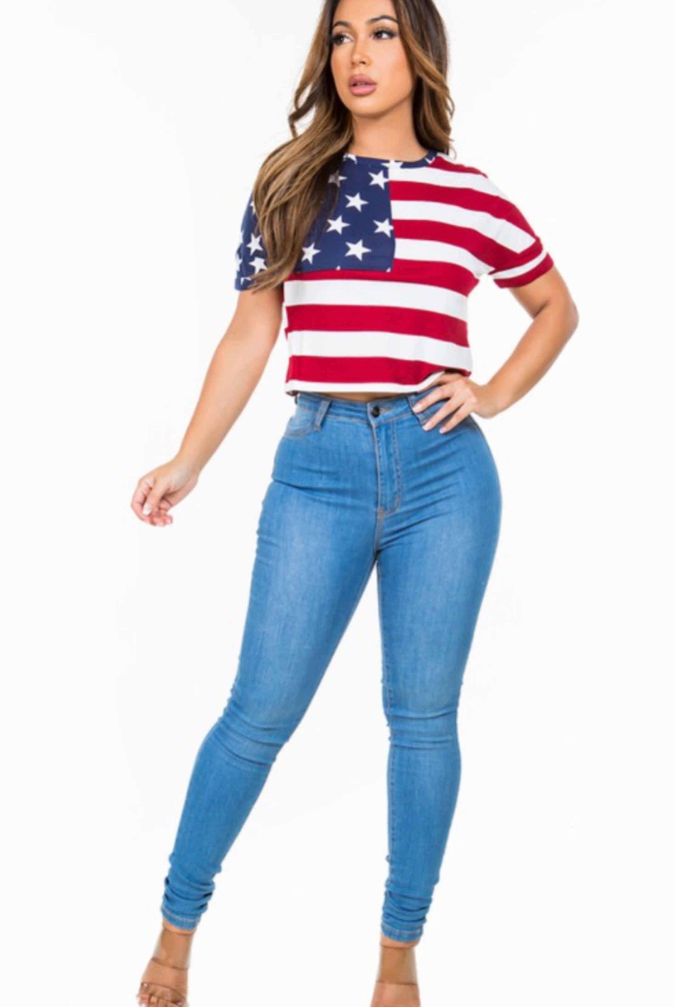 USA Print Short Sleeve Patriotic Crop Top - Rara Boutique