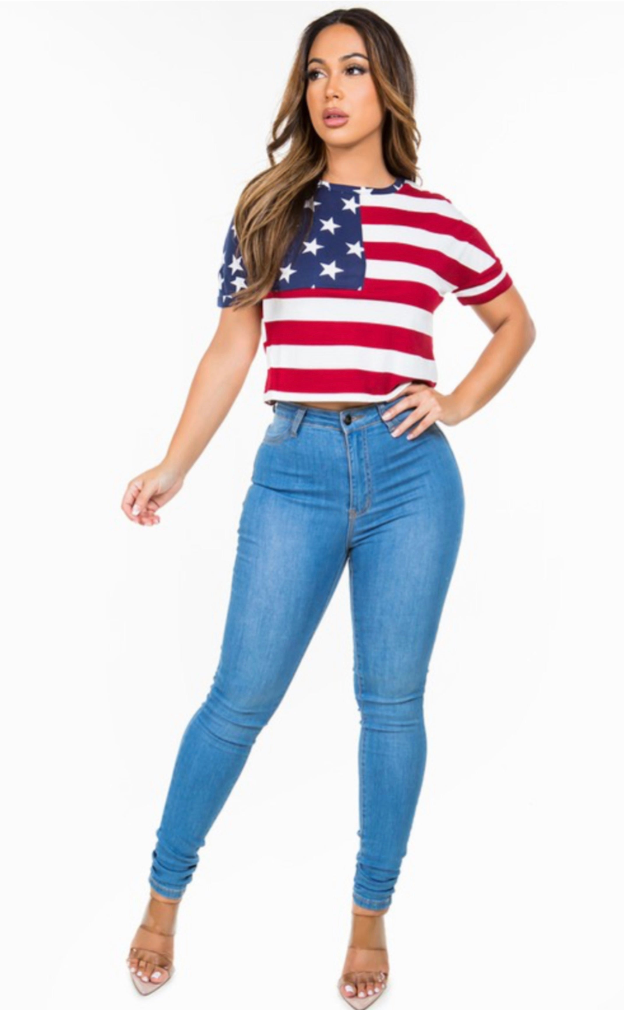 USA Print Short Sleeve Patriotic Crop Top - Rara Boutique