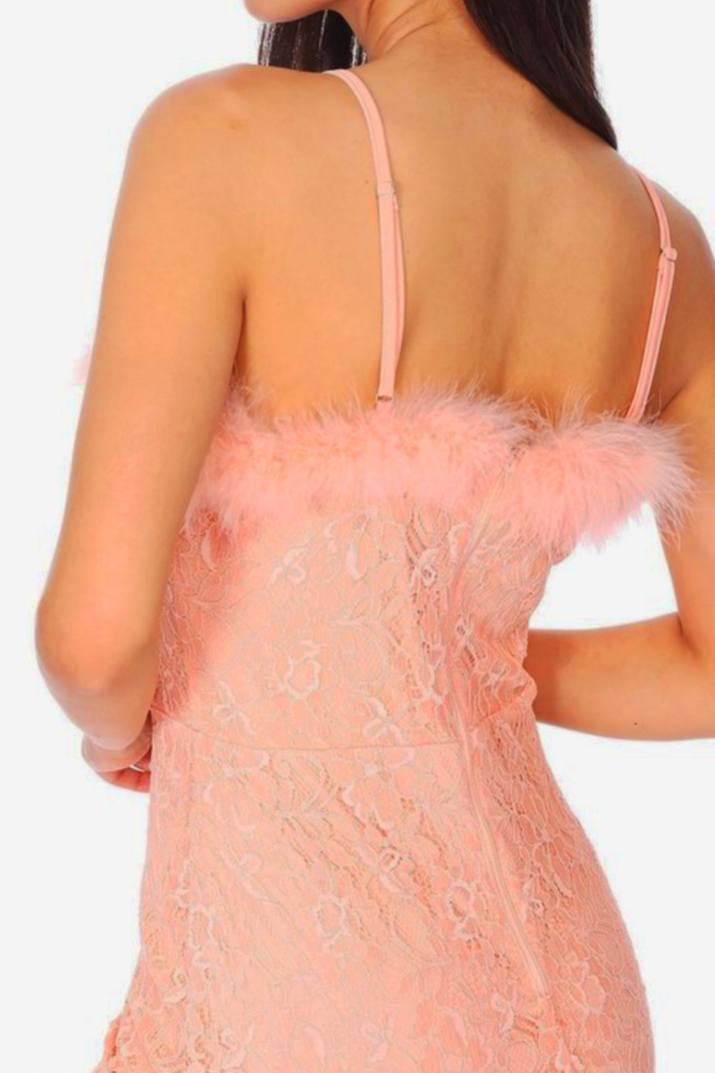 Feather Trim Cocktail Dress with Floral Lace - Rara Boutique