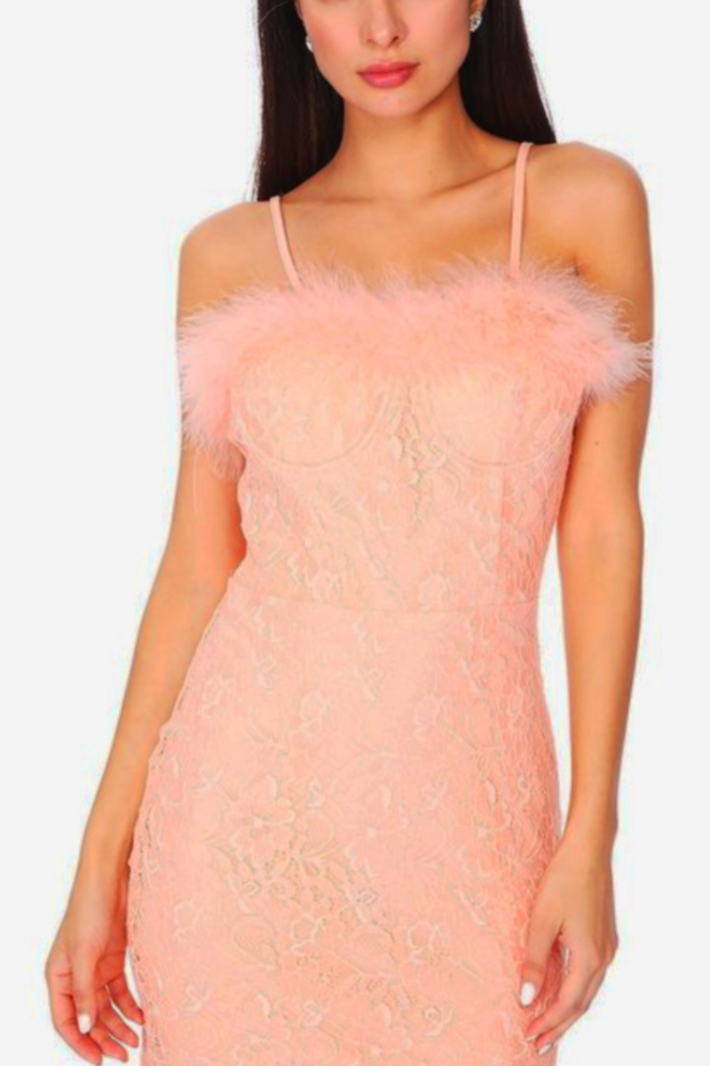 Feather Trim Cocktail Dress with Floral Lace - Rara Boutique