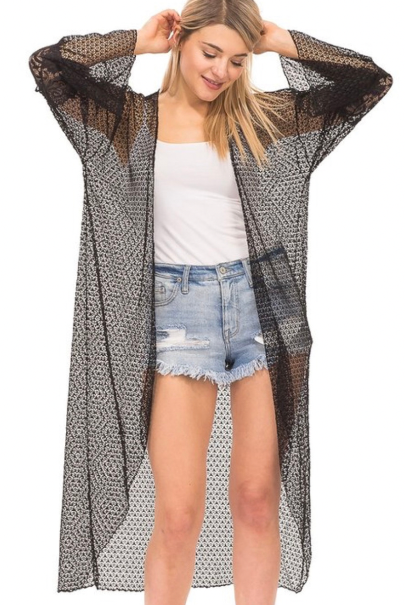 Black Long Sleeve Lace Crochet Sheer Kimono / Coverup / Cardigan - Rara Boutique