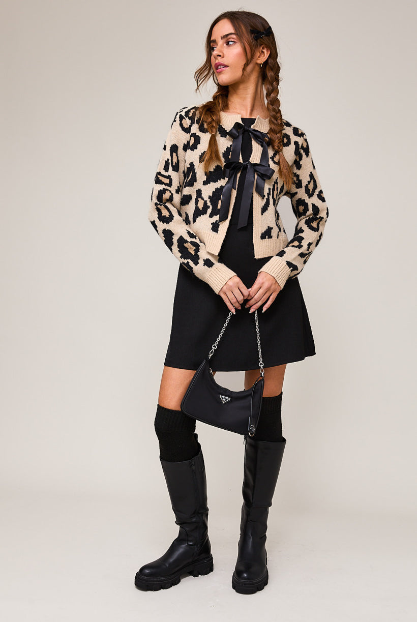 Leopard Print Satin Bow Tie Front Knit Cardigan - Le Lis - RARA Boutique