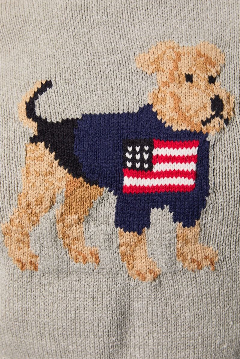 Grey cropped sweater top with American flag dog graphic, short-sleeve design by RARA Boutique.