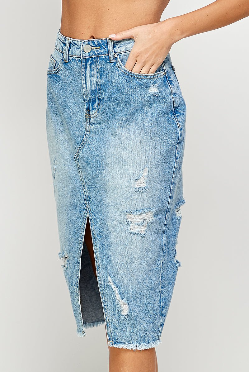 Long Denim Skirt with Distressed - RARA Boutique