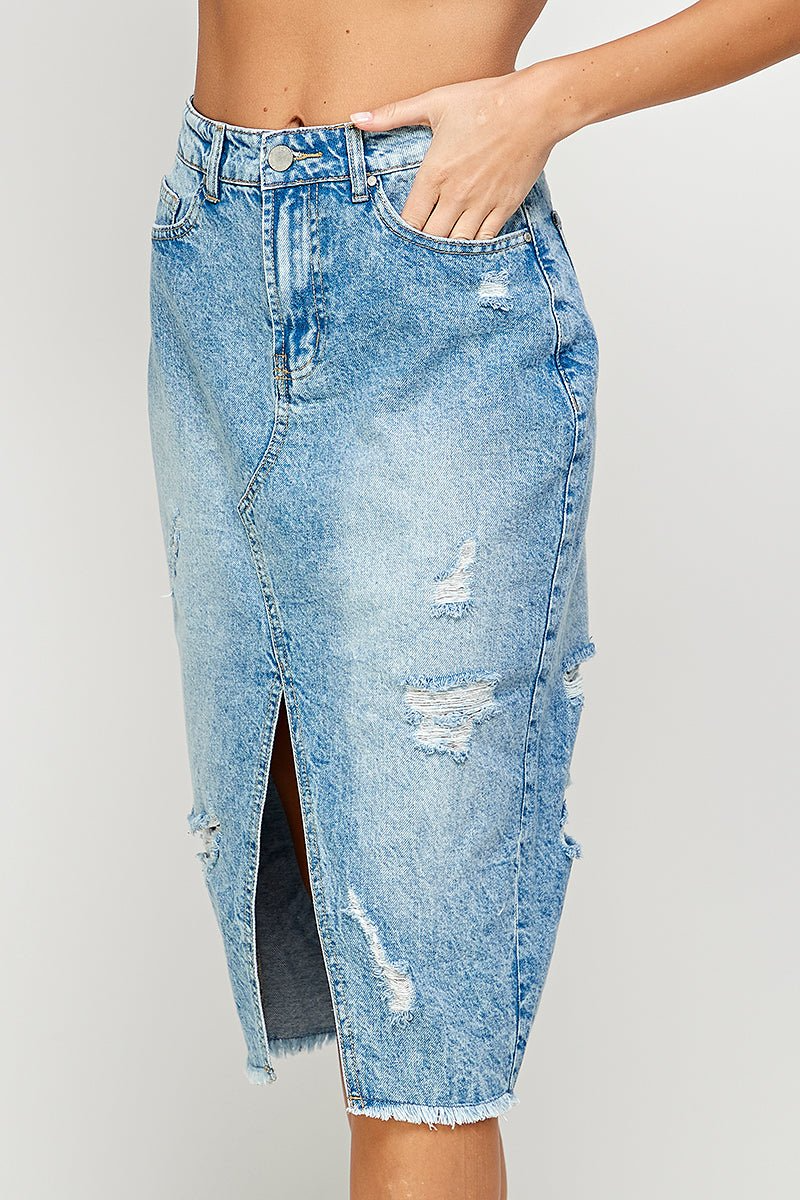 Long Denim Skirt with Distressed - RARA Boutique
