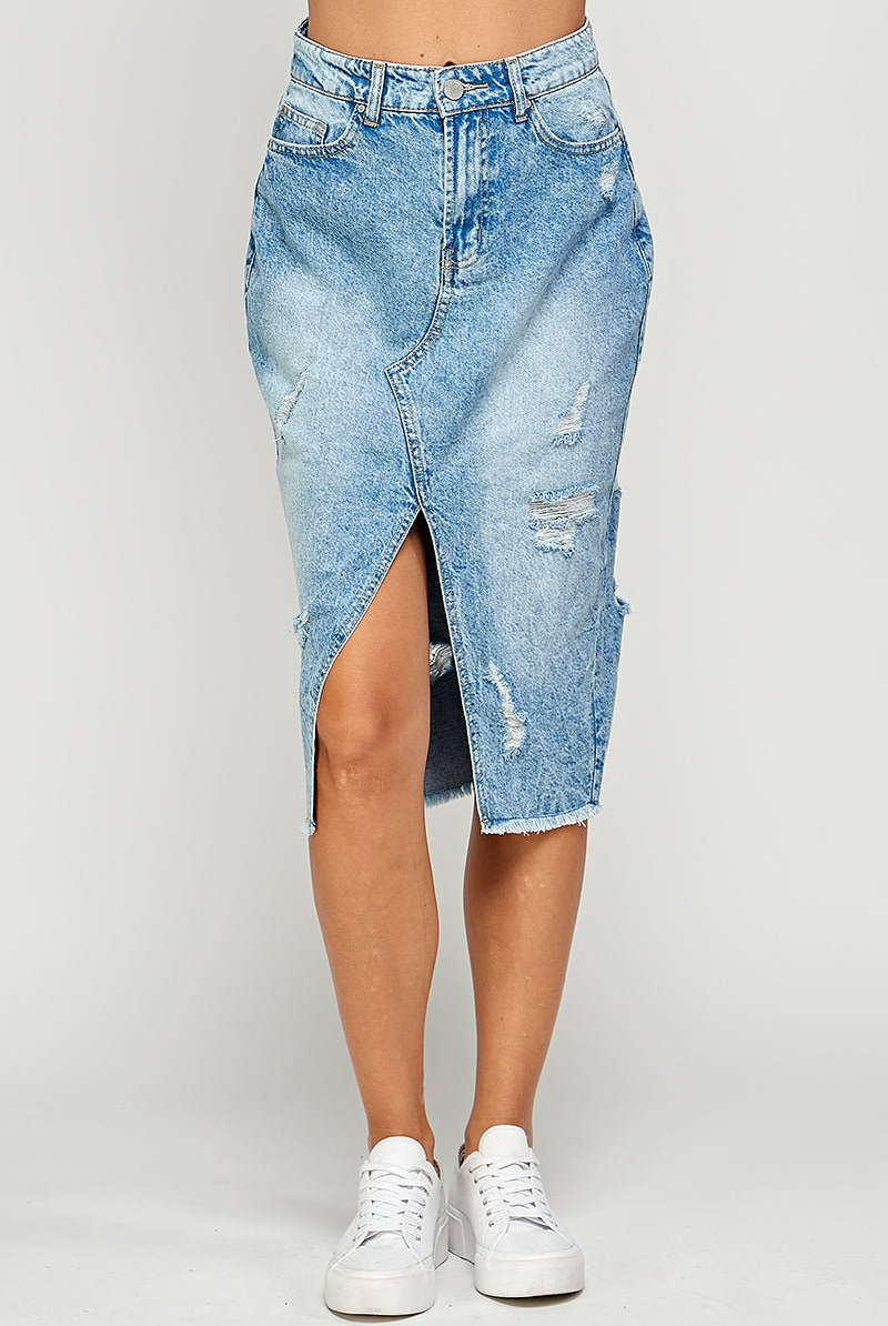 Long Denim Skirt with Distressed - RARA Boutique