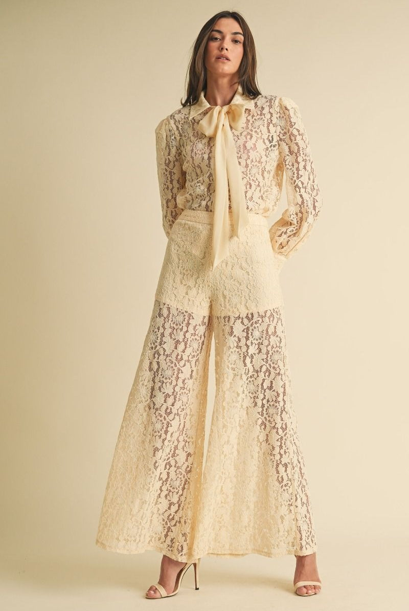 Long Sleeve Button Down Lace Top with Neck Bow Tie - EB Luxe - RARA Boutique