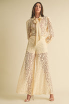 Long Sleeve Button Down Lace Top with Neck Bow Tie - EB Luxe - RARA Boutique