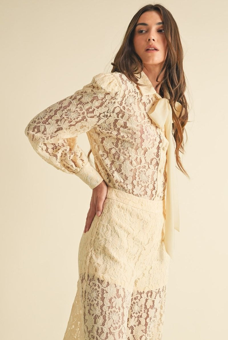 Long Sleeve Button Down Lace Top with Neck Bow Tie - EB Luxe - RARA Boutique
