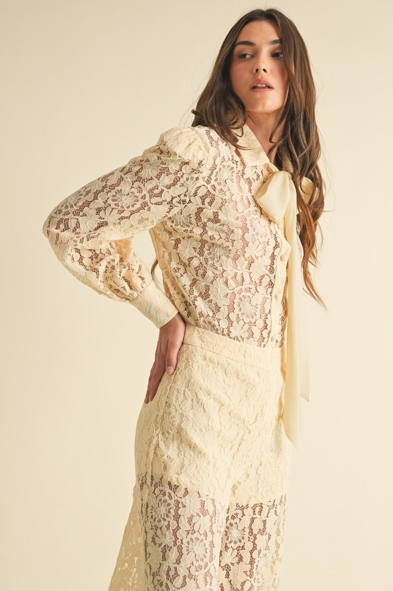 Long Sleeve Button Down Lace Top with Neck Bow Tie - EB Luxe - RARA Boutique