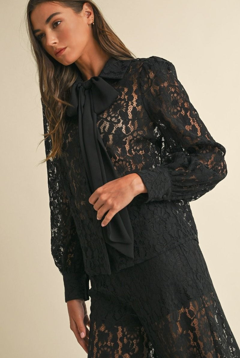 Long Sleeve Button Down Lace Top with Neck Bow Tie - EB Luxe - RARA Boutique