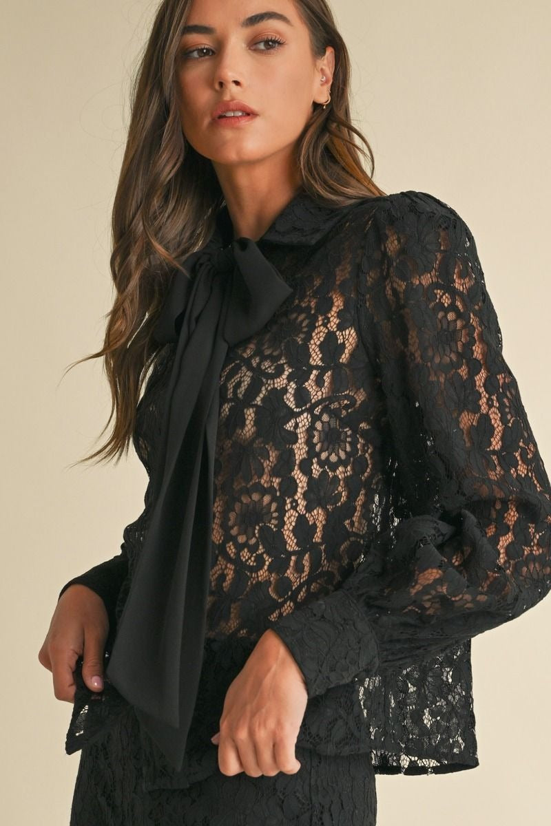 Long Sleeve Button Down Lace Top with Neck Bow Tie - EB Luxe - RARA Boutique